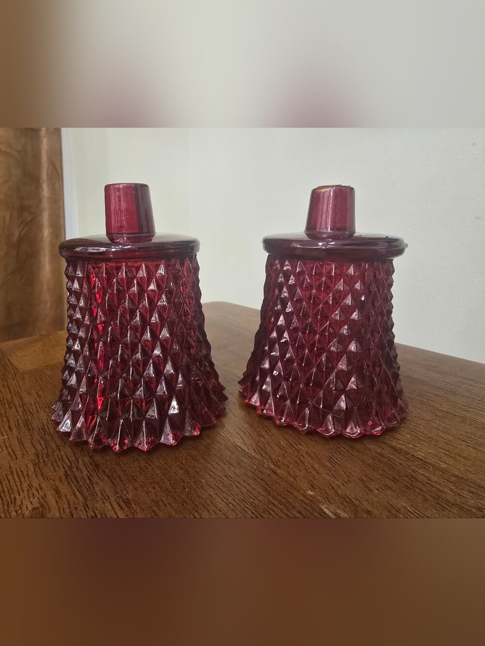 Pair Vintage Ruby Red Glass Peg Votive Candle Holders Diamond Point Cut Set Of 2